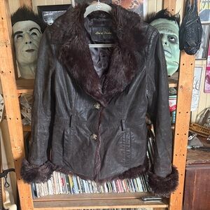 Lion of Porches Chocolate Brown suede effect jacket faux fur collar and cuffs XS